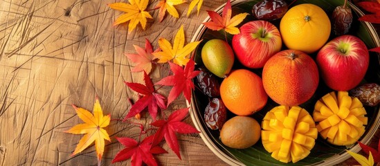 Wall Mural - A collection of fresh organic fruits like mangoes apples oranges and dates displayed on a wooden plate with red and yellow maple leaves on a bamboo table Healthy food set in an autumn themed scene wi