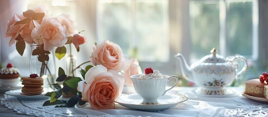 Poster - Delightful tea party setting with a decorative English rose on a table with copy space image