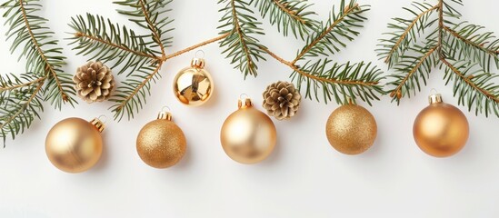 Aufkleber - Top down view of golden ornaments and spruce leaves on a white backdrop creating a visually appealing copy space image