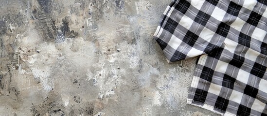 Poster - View from above of a checkered tablecloth on a concrete surface with space for images. Creative banner. Copyspace image