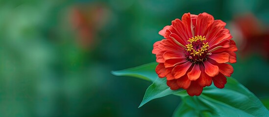Aufkleber - Close up view of a vibrant red Zinnia flower in focus against a blurry green backdrop perfect for a copy space image Zinnia belongs to the sunflower tribe in the daisy family ideal for nature themed