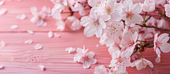 Leinwandbilder - Cherry blossoms contrast beautifully against a soft pink wooden backdrop in a copy space image