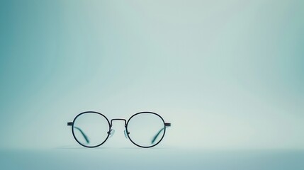 Leinwandbilder - Round, black-framed eyeglasses sit on a light blue surface, with a soft, blurred background. Generative AI
