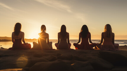 Wall Mural - group meditation, people practicing yoga on the beach, relaxation and breathing exercises.