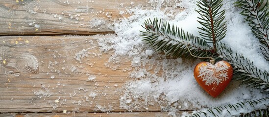 Aufkleber - Top view of a Christmas tree branch covered in snow adorned with a heart ornament placed on a wooden table complete with copy space image
