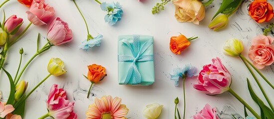 Poster - Colorful gift box surrounded by vibrant eustomas on a white table creating a festive and cheerful display with copy space image