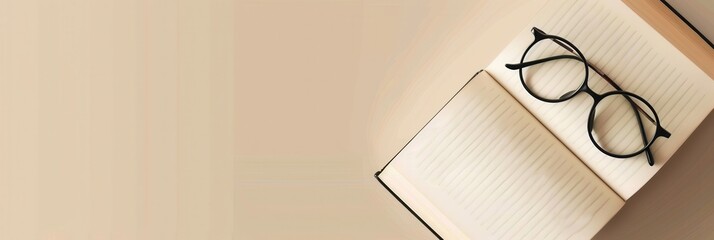 Aufkleber - A book lies open on a table with a pair of round glasses resting on top. Generative AI