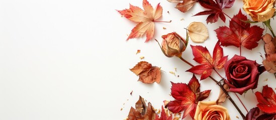 Aufkleber - Top down view of a fall themed arrangement featuring maple leaves and dry roses on a white backdrop ideal for a copy space image