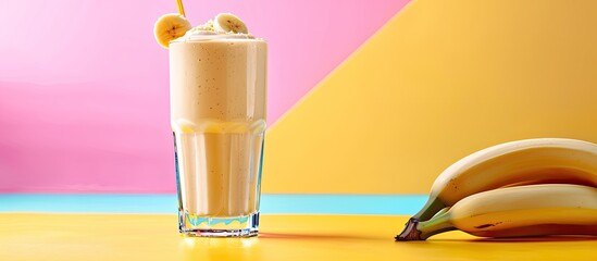 Sticker - Banana milkshake in a glass on colored backdrop with copy space image