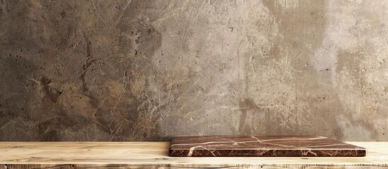 Poster - A brown marble sample stone is displayed on a wooden table with a white concrete block background providing copy space image