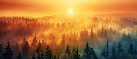 Aufkleber - Altered sunrise sky with yellow orange color showing an amazing scenic view of a misty foggy landscape with rising sun above a forest ideal for copy space image
