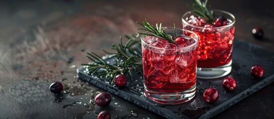 Poster - Alcoholic drink consisting of a cranberry and rosemary cocktail served in two glasses on a dark background with copy space image