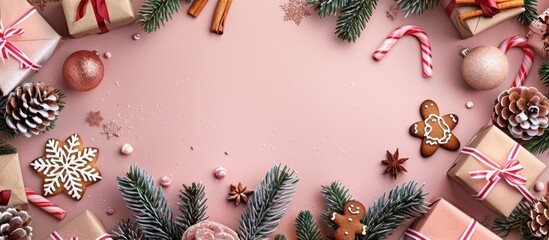 Poster - Top down view of a Christmas themed setup featuring a fir tree gift boxes gingerbread and room for a copy space image