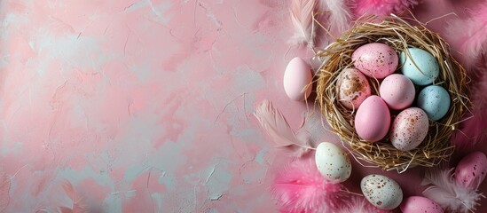 Fototapete - Celebrate Easter with assorted eggs in a box and basket on a dark pink backdrop with feathers perfect for a panoramic banner with copy space image