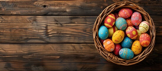 Wall Mural - A top down view of Easter eggs in a wicker bowl on a wooden surface with a clear area for additional images