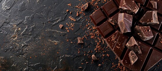 Leinwandbilder - Dark chocolate chunks and cocoa sprinkle on a black kitchen surface with copy space image