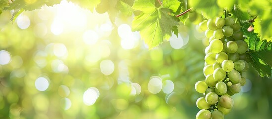 Canvas Print - Blurred background with green grapes and leaves showcasing a serene copy space image