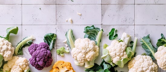 Poster - Flat lay image featuring different types of cauliflower cabbages displayed on a white tiled table with copy space available