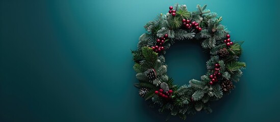 Fototapete - Top down view of a festive green Christmas wreath against a bright background symbolizing traditional New Year decorations and providing space for adding text on the image. Creative banner