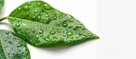 Wall Mural - Close up isolated on a white background a green leaf with water droplets in a copy space image