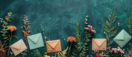 Poster - Top down flat lay composition featuring artisanal envelopes and dried flowers arranged neatly on a lush green backdrop in a photograph with copy space image