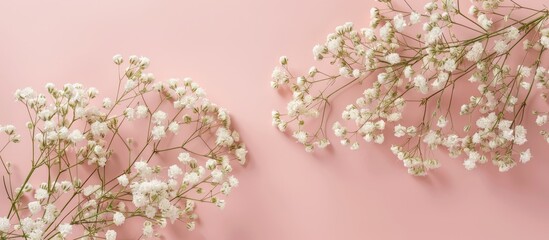 Aufkleber - Flat lay top view of delicate Gypsophila flowers on a soft pastel background with ample copy space for text or designs