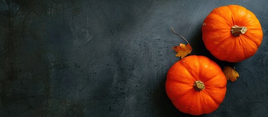 Poster - Autumn themed top view composition featuring two vivid orange pumpkins placed on a dark background for Halloween offering a perfect copy space image