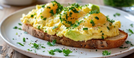 Sticker - A delectable breakfast choice showcasing toast topped with creamy avocado gooey melted cheese and fluffy scrambled eggs ideal for a copy space image