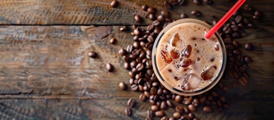 Aufkleber - Cold summer drink with a red straw on a wooden table coffee beans in the backdrop above view with detailed flat lay showcasing the copy space image