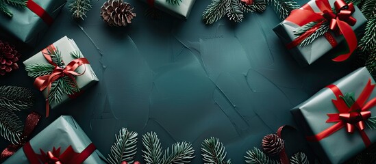 Poster - Christmas tree branches creatively arranged with gifts in a flat lay composition presenting a nature themed New Year concept with copy space image