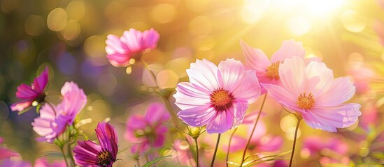 Poster - Vibrant cosmos flowers blossom in the sunlight creating a stunning scene with copy space image