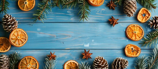 Fototapete - Christmas themed flat lay featuring handmade decorations like pine cones and dried oranges on a blue wooden backdrop with copy space image