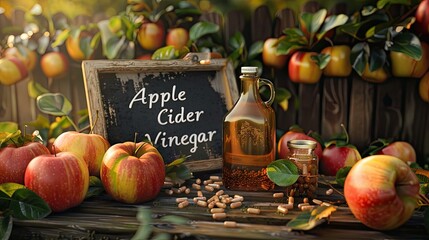 Wall Mural - Apple cider vinegar in a bottle on the table. Selective focus.