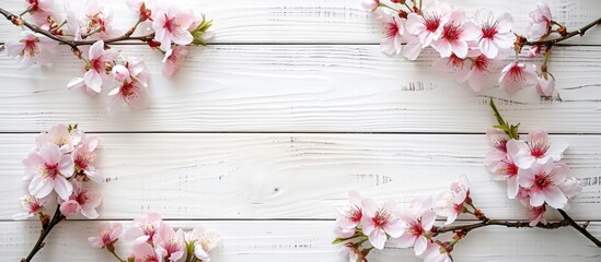 Leinwandbilder - Cherry blossoms on white wooden boards aerial view with copy space image for text