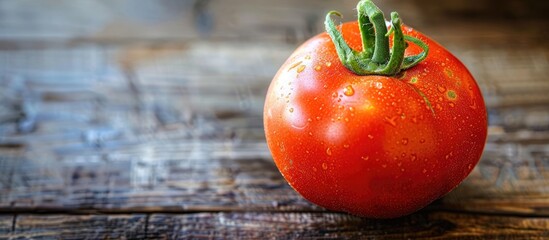 Aufkleber - Closeup of a ripe tomato on a wooden surface with copy space image