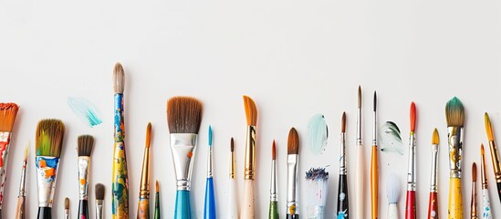 Canvas Print - Colorful paint brushes along with various painting accessories displayed on a white background with ample copy space image