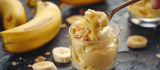 Poster - A banana mousse is being spooned into glasses with two bananas nearby in a copy space image