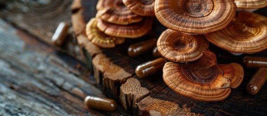 Poster - Close up of Ling zhi and Ganoderma lucidum mushrooms with a capsule on a wooden table with a blank background for copy space image