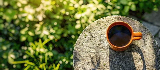 Sticker - Top down view of a coffee cup placed on a tabletop in the garden with ample copy space in the image