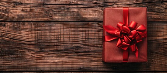 Poster - Top view of a desktop with a red gift box creating a charming composition on a wooden surface providing an attractive copy space image