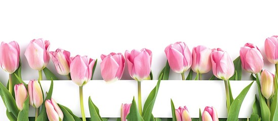 Wall Mural - Close up image of pink tulips with a white banner isolated on a white background providing copy space for various concepts like holidays and floral themes