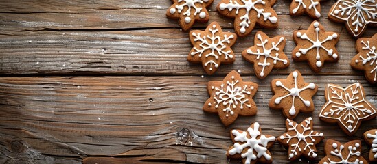 Fototapete - Christmas themed homemade gingerbread cookies on a wooden backdrop with a blank copy space image for text Featuring snowflake and star shaped treats Ideal for holiday greetings or cooking related desi
