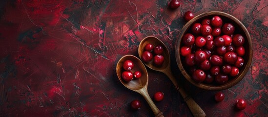 Aufkleber - Close up copy space image of fresh cranberries in a wooden bowl with spoons against a cranberry filled background