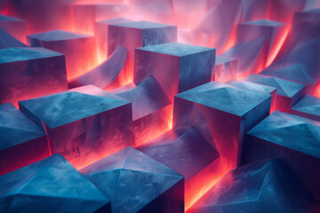 Wall Mural - Clean depiction of an abstract 3D design with blue cubes and vibrant red lighting enhancing the structure,