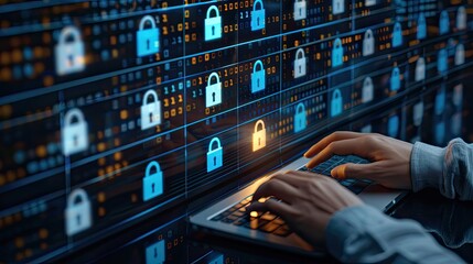 Hands Typing on Laptop With Digital Security Lock Icons