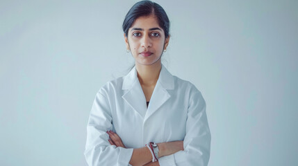 Wall Mural - young indian female doctor standing on white background