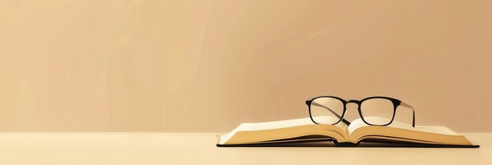 Fototapete - An open book with eyeglasses on top of it sits on a light brown table against a tan wall. Generative AI