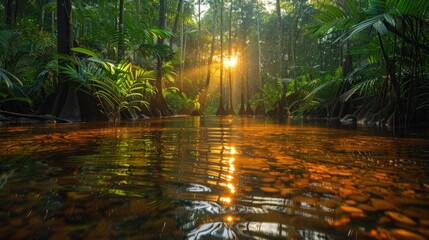 Poster - Golden Light Reflecting on a Tranquil Forest River