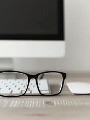 Aufkleber - Black framed glasses lie on a wooden desk in front of a computer monitor. The keyboard and mouse are visible in the background. Generative AI