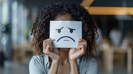 Businesswoman hiding her face using white paper with angry emoji